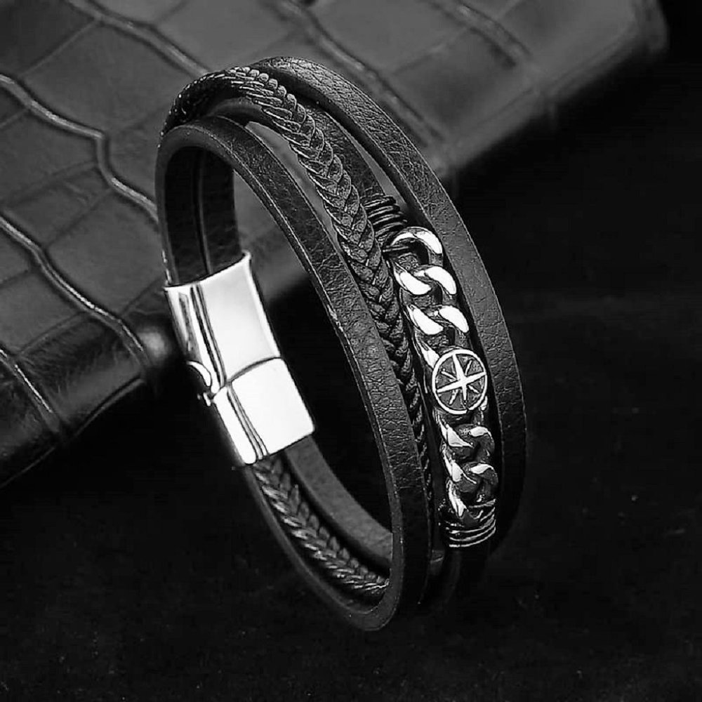 Men's Leather Braided Bracelet Silver Chain Titanium Steel Clasp